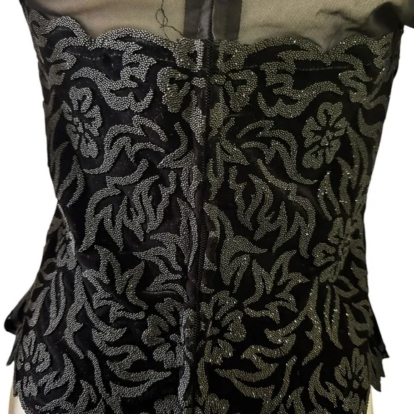 Tadashi Vintage Black Velvet Beaded Mesh Sleeve V-Neck Party Evening Top M - Picture 6 of 12